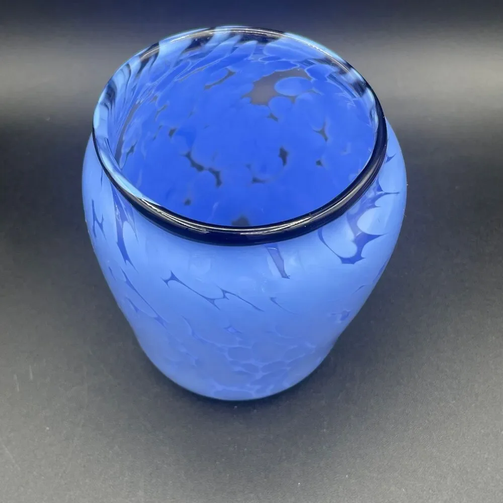 Vintage Blue Mottled Art Glass Tumbler Vase Set Hand Blown Rough Pontil Mark MCM